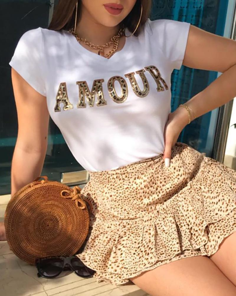 

Letter Print Top & Cheetah Print Layered Ruffles Skirt Set, Leopard