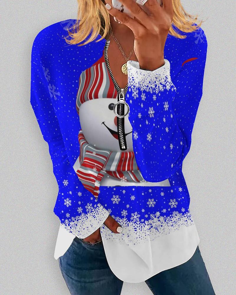 

Christmas Zipper Design Snowman Print Top, Dark blue