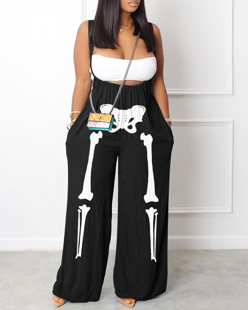 

Halloween Skeleton Print Wide Leg Suspender Jumpsuit, Blackwhite