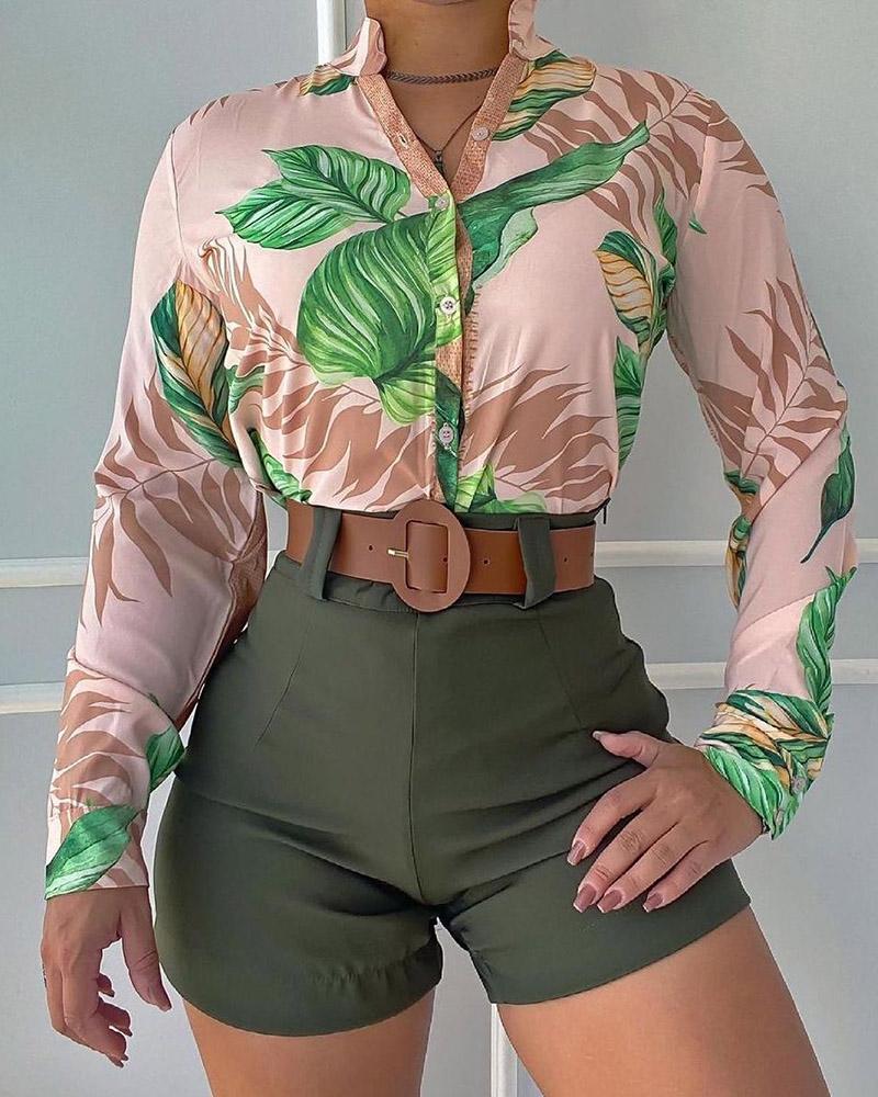

Tropical Print Long Sleeve Top & Plain Shorts Set, Army green