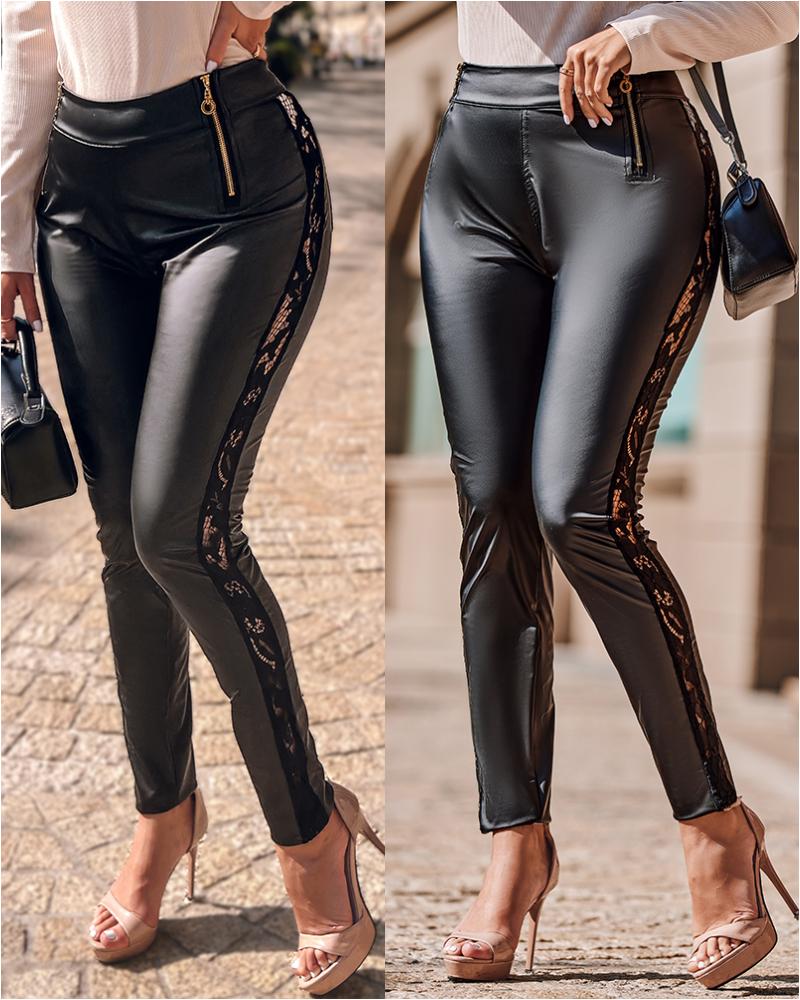 Crochet Lace Patch Zipper Design PU Leather Pants