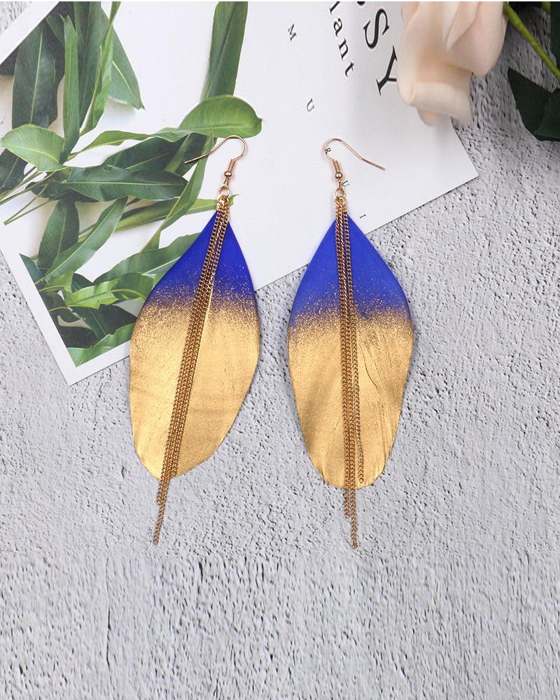 

1Pair Colorblock Glitter Feather Chain Decor Drop Earrings, Blue