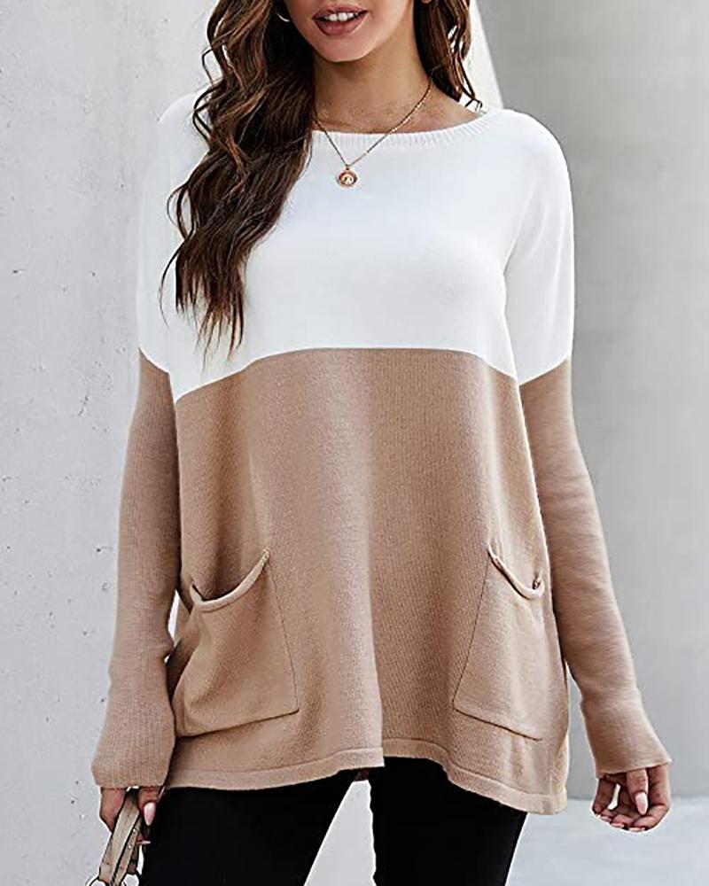 

Long Sleeve Colorblock Pocket Design Top, Apricot