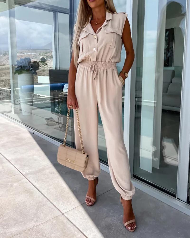 

Notched Collar Sleeveless Cuffed Jumpsuit, Apricot