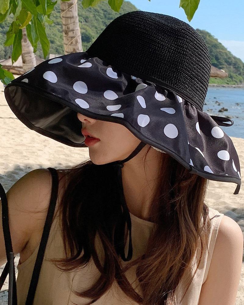 

Polka Dot Print Wide Brim Straw Bucket Sun Hat, Black