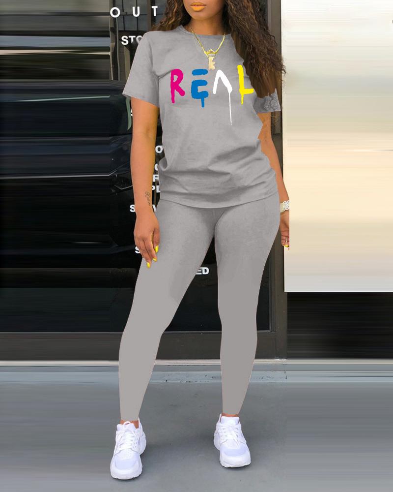 

Plus Size Letter Print Casual Top & Pants Set, Gray