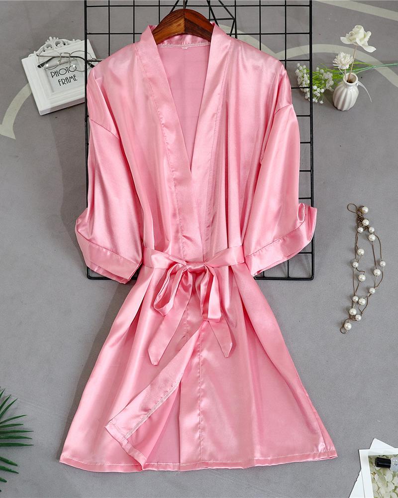 

Letter Embroidery Satin Half Sleeve Robe, Pink