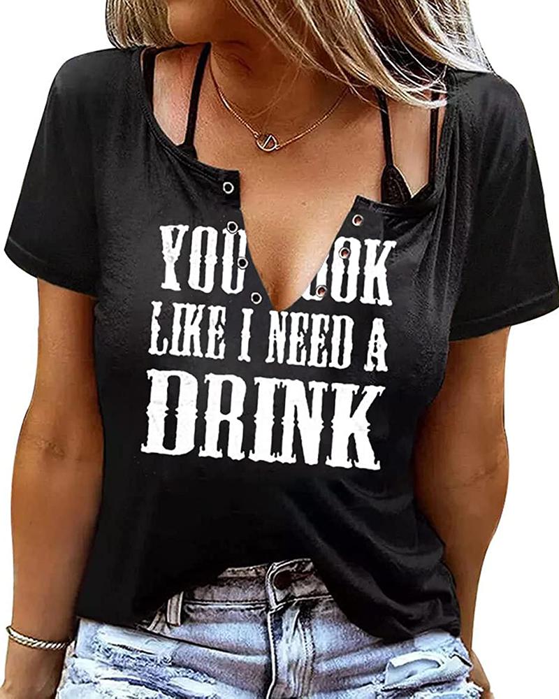 

Eyelet Letter Print V-Cut T-shirt, Black