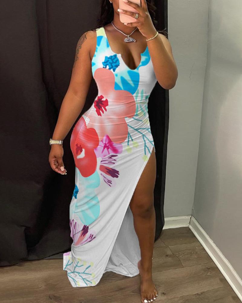 

Floral Print Notched Neck High Slit Maxi Dress, White