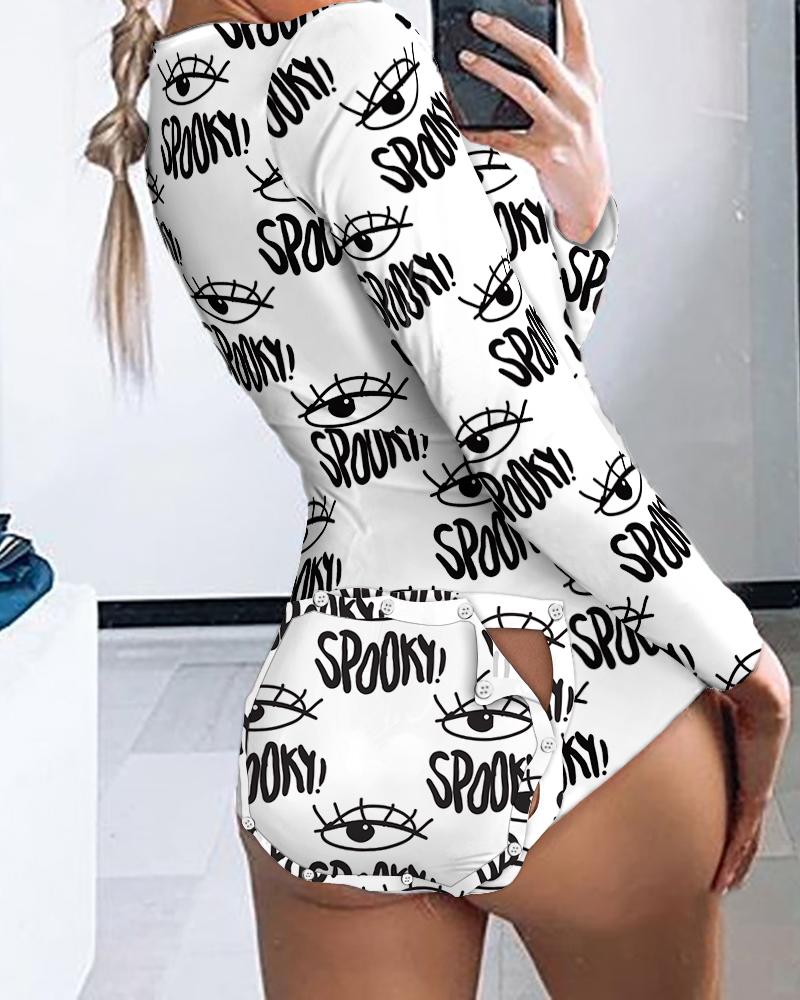 

Eye Letter Print Long Sleeve Functional Button Design Romper, White
