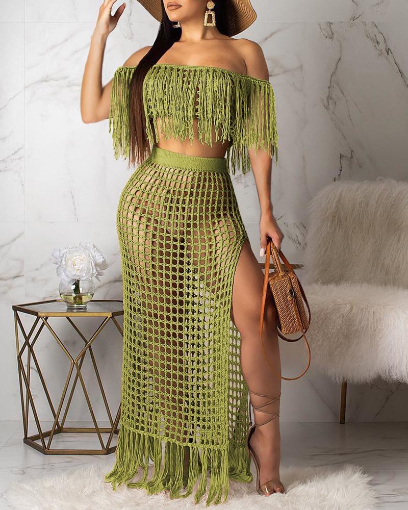 

Off Shoulder Crochet Tassel Design Cover Up, Green