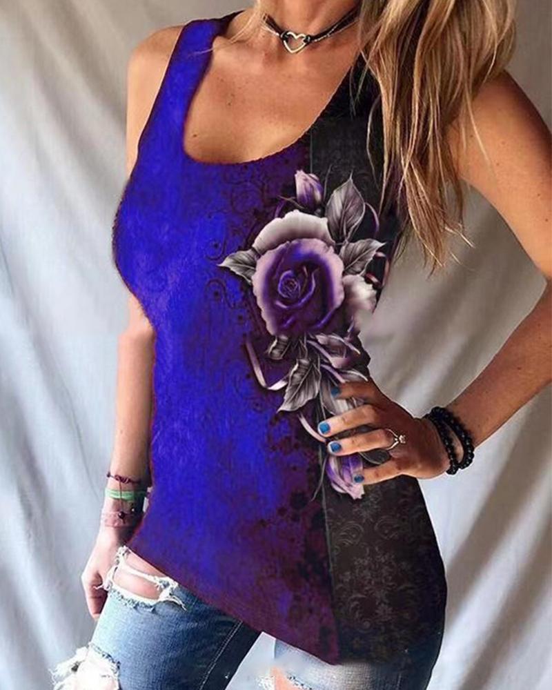 

Rose Print Sleeveless Loose Tank, Blue