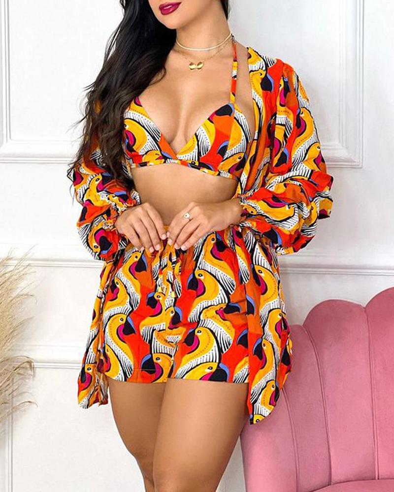 

3PCS Animal Print Long Sleeve Blouse & Shorts Set With Bra Top, Orange