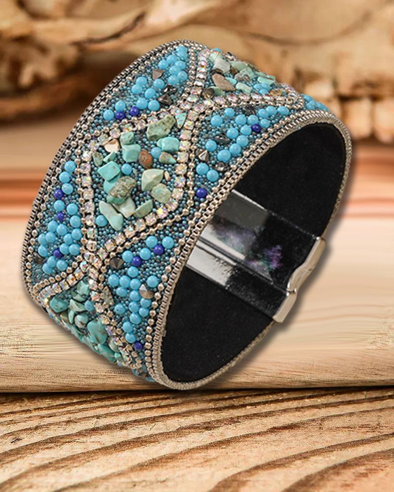 

1pc Bohemian Wide Rhinestone Beaded Turquoise Magnet Bracelet, Blue