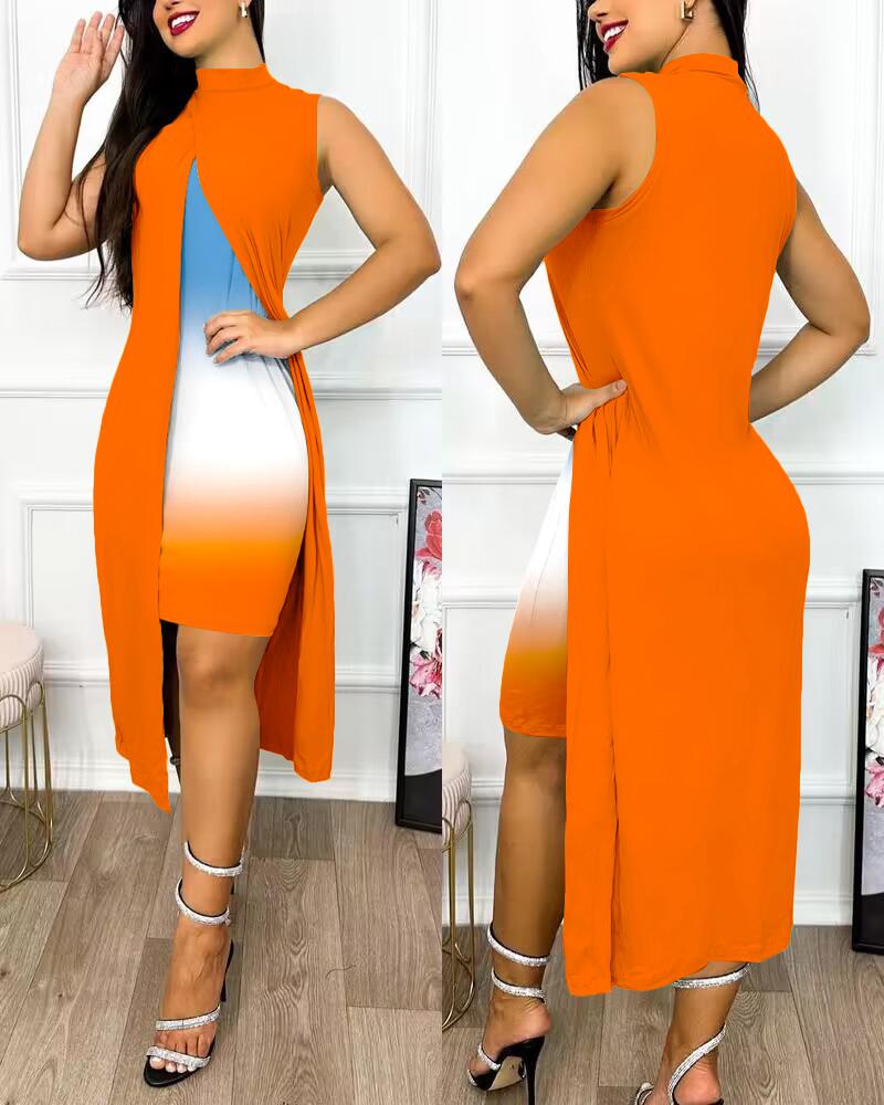 

Ombre Patchwork Slit Asymmetrical Casual Dress, Orange