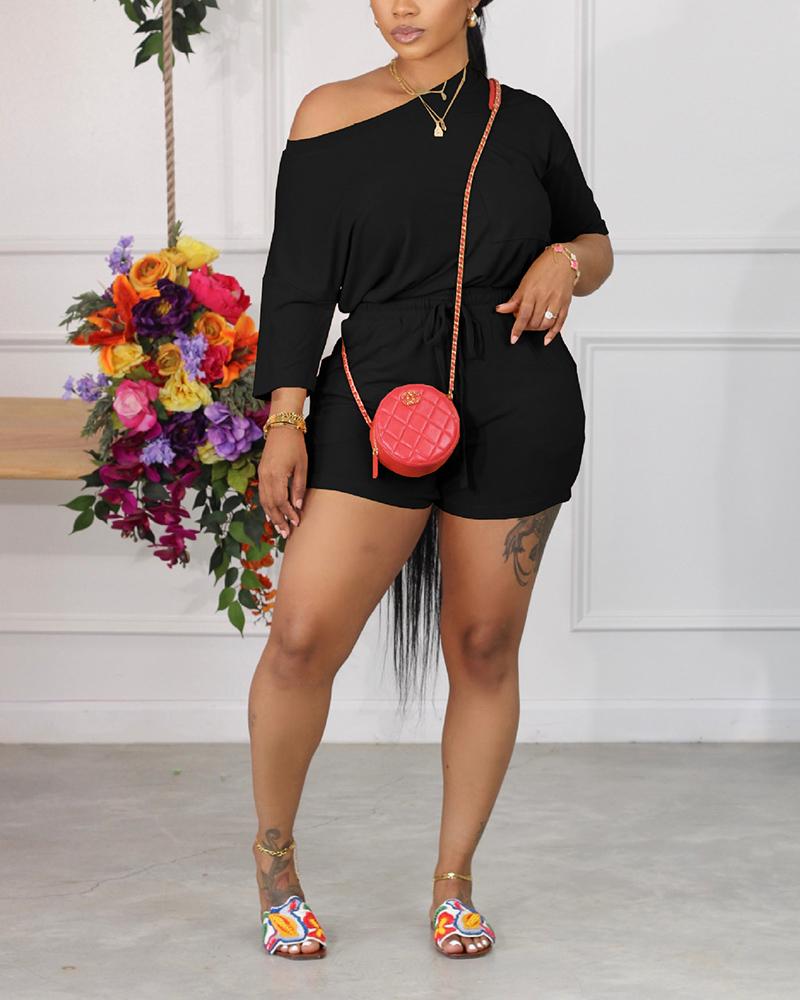 

Skew Neck Top & Drawstring Shorts Set, Black