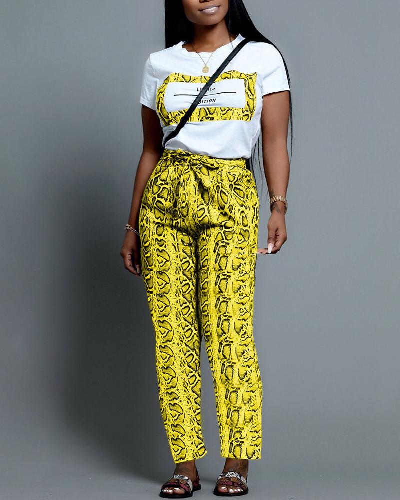 

Casual Print Top With Long Pant Sets, Yellow