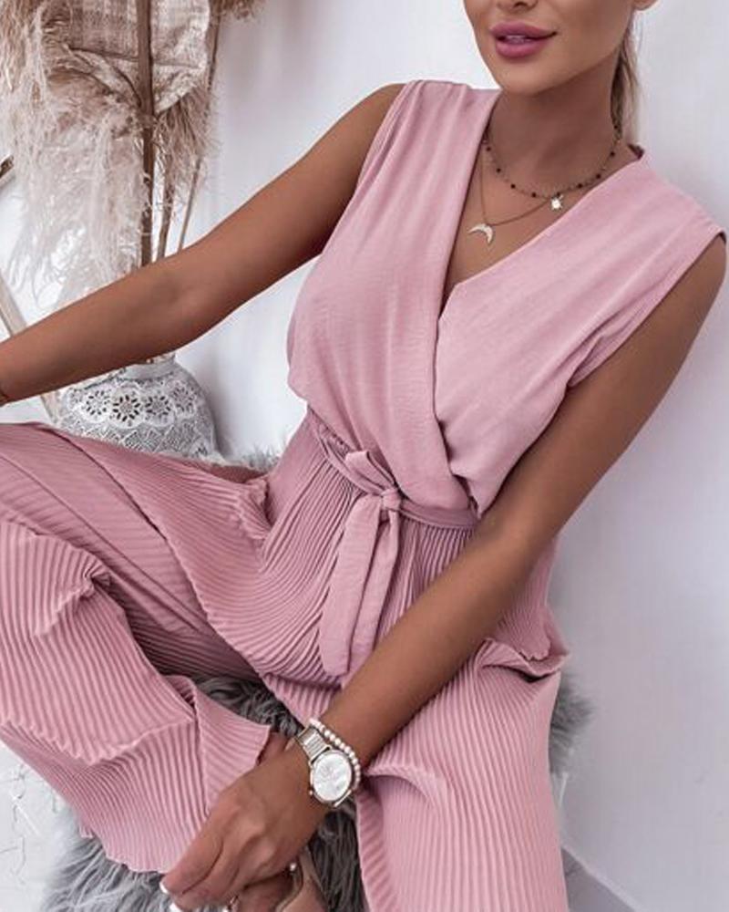 

Sleeveless Surplice Neck Belted Jumpsuit, Pink