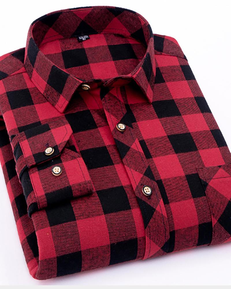 

Men Plus Size Plaid Colorblock Button Design Shirt, Red