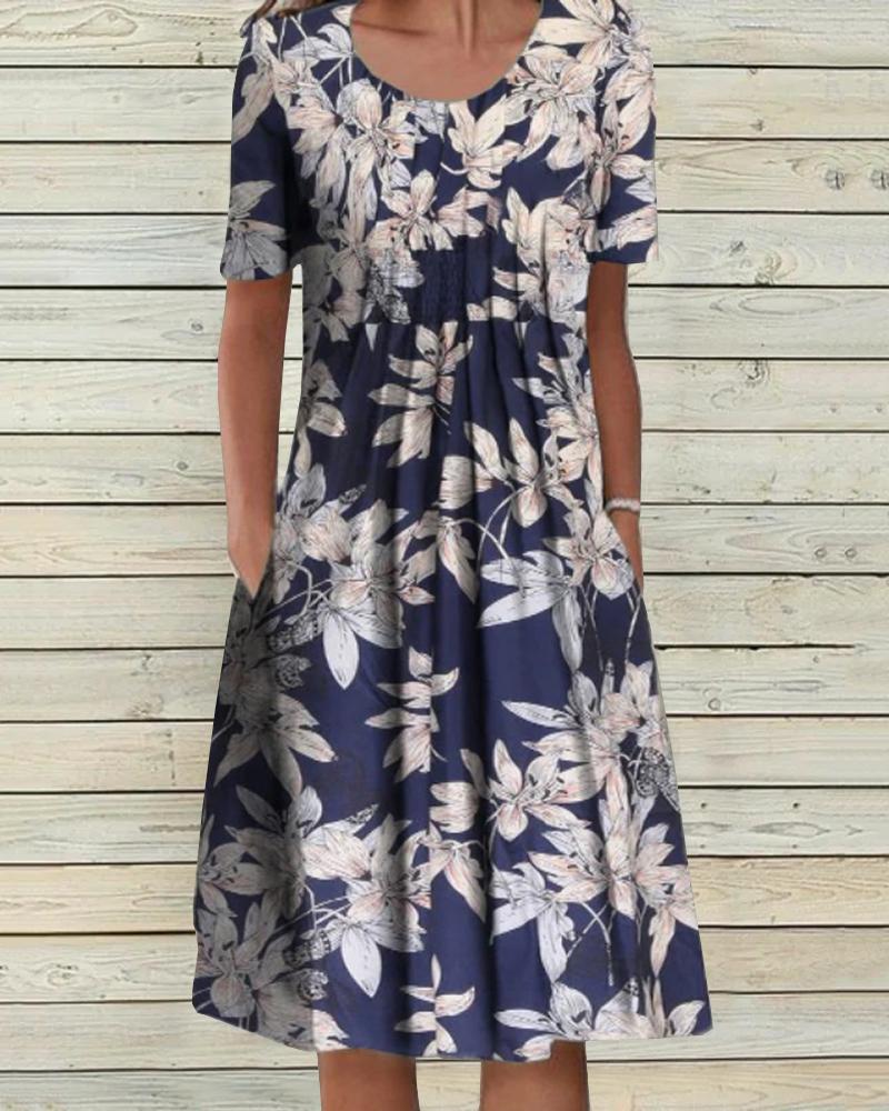 Round Neck Ruched Floral Print Casual Dress