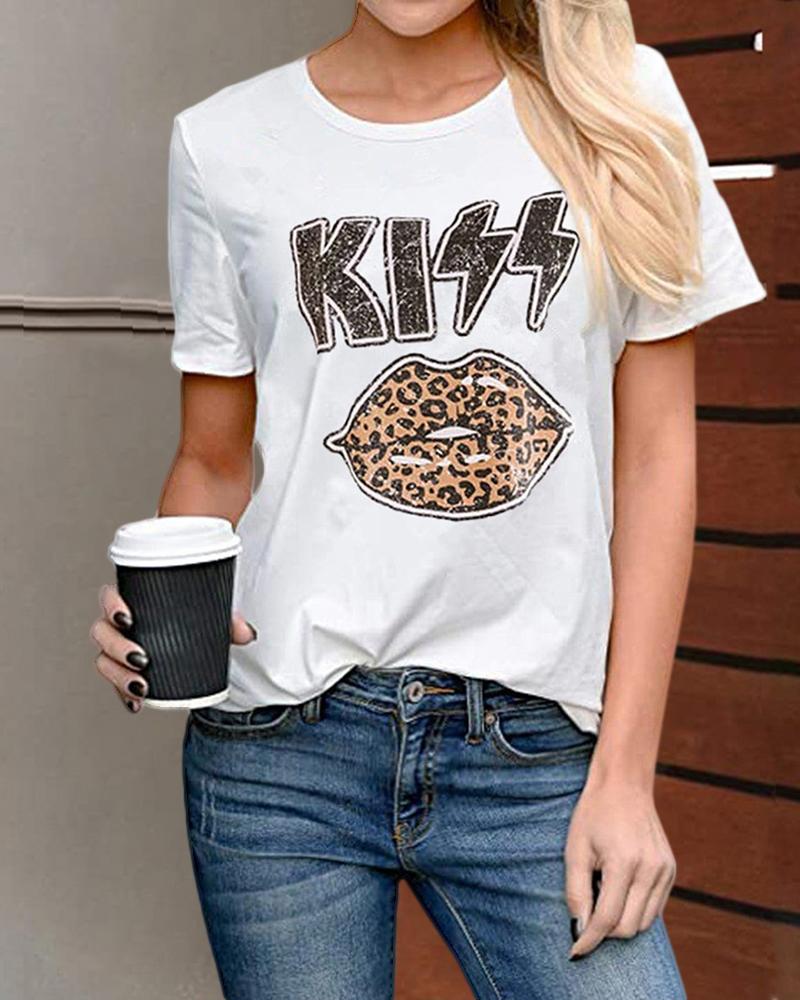 

Cheetah / Lip / Letter Print Casual T-shirt, White