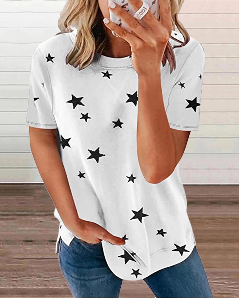 

Star Print Round Neck Short Sleeve T-Shirt, White