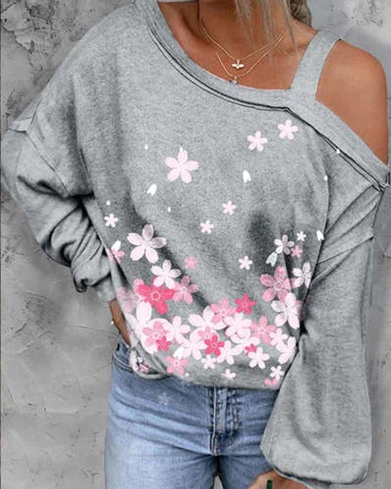 

Cherry Blossoms Print Cold Shoulder Top, Gray