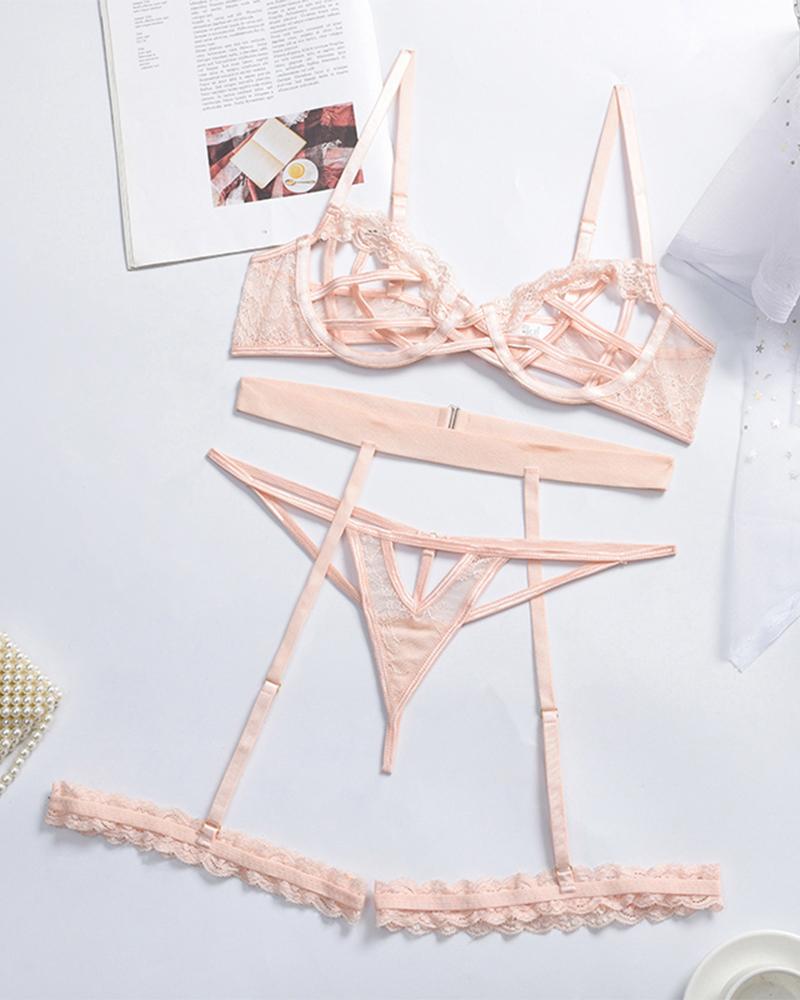 

Sexy See-through Strap Bra Sets With Garter, Pink