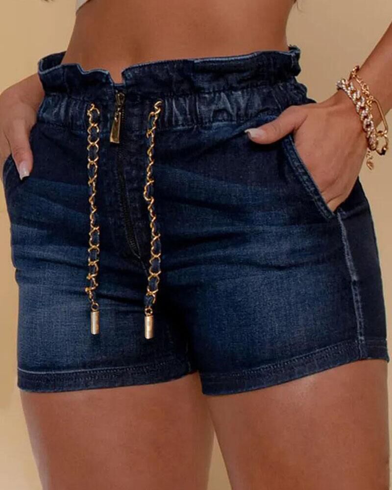 

Chain Decor Paper Bag Waist Denim Shorts, Purplish blue