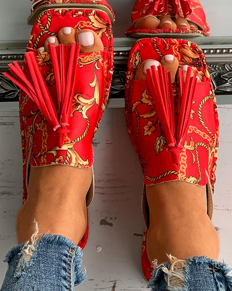 

Scarf Print Tassel Design Square Toe Flat Sandals, Red