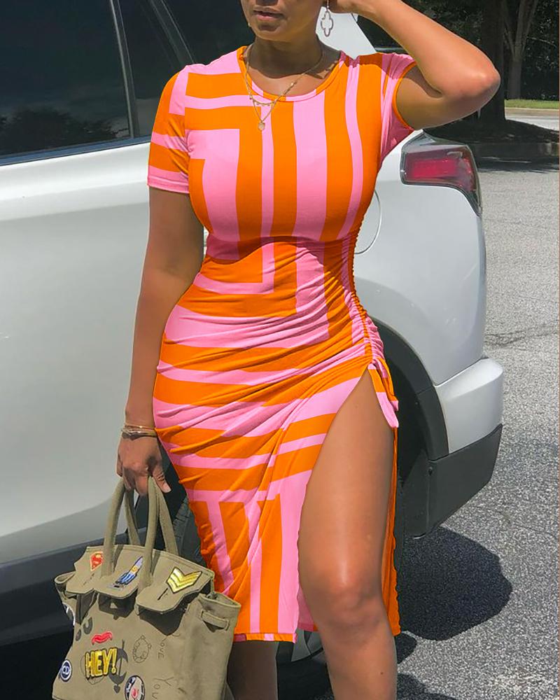 

Colorblock Drawstring Ruched High Slit Dress, Orange