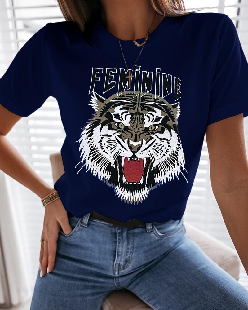 

Tiger Letter Print Casual T-shirt, Dark blue