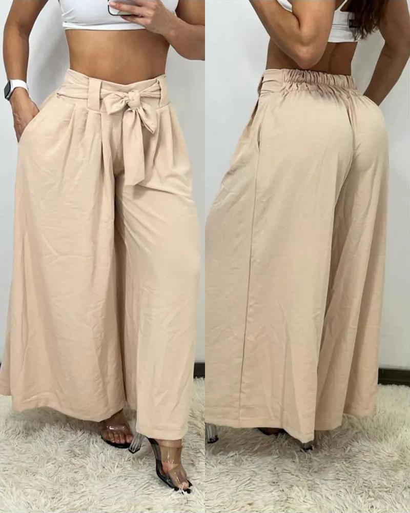 

Tied Detail Pocket Design Wide Leg Pants, Apricot