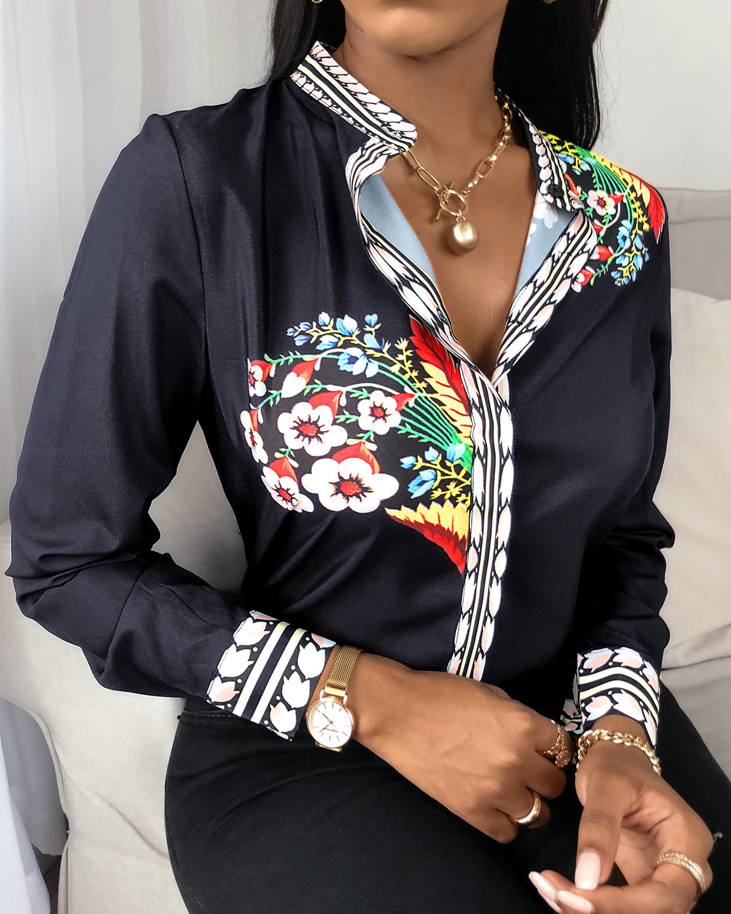 

Floral Print Colorblock Long Sleeve Shirt, Black