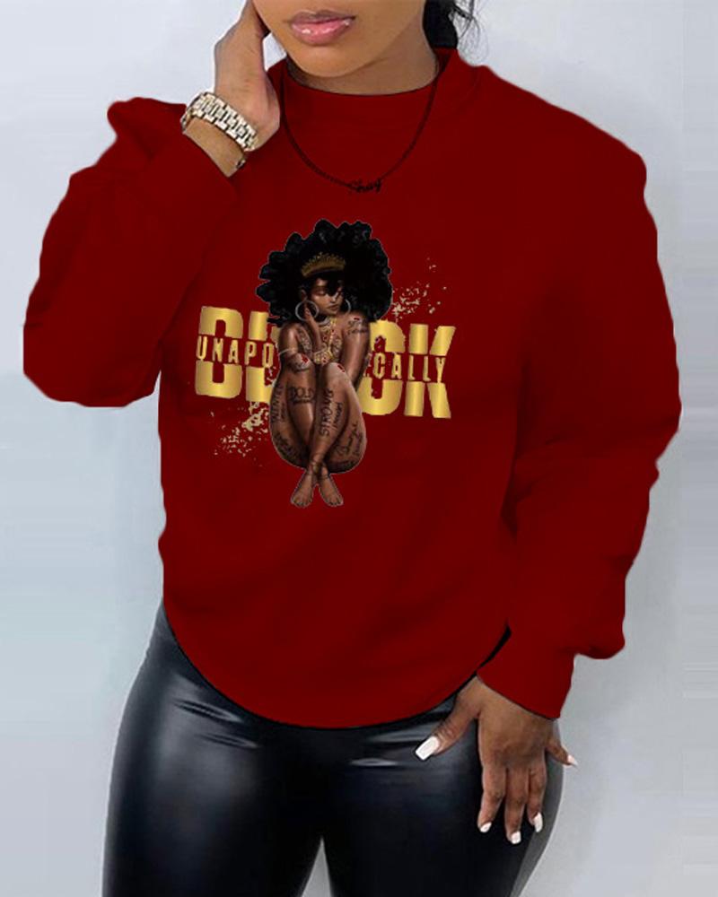 

Plus Size Figure Letter Print Long Sleeve Sweatshirt, Wine red