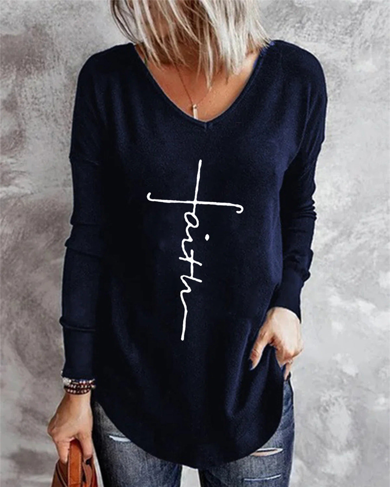 

Long Sleeve Letter Print V-Neck Top, Blue
