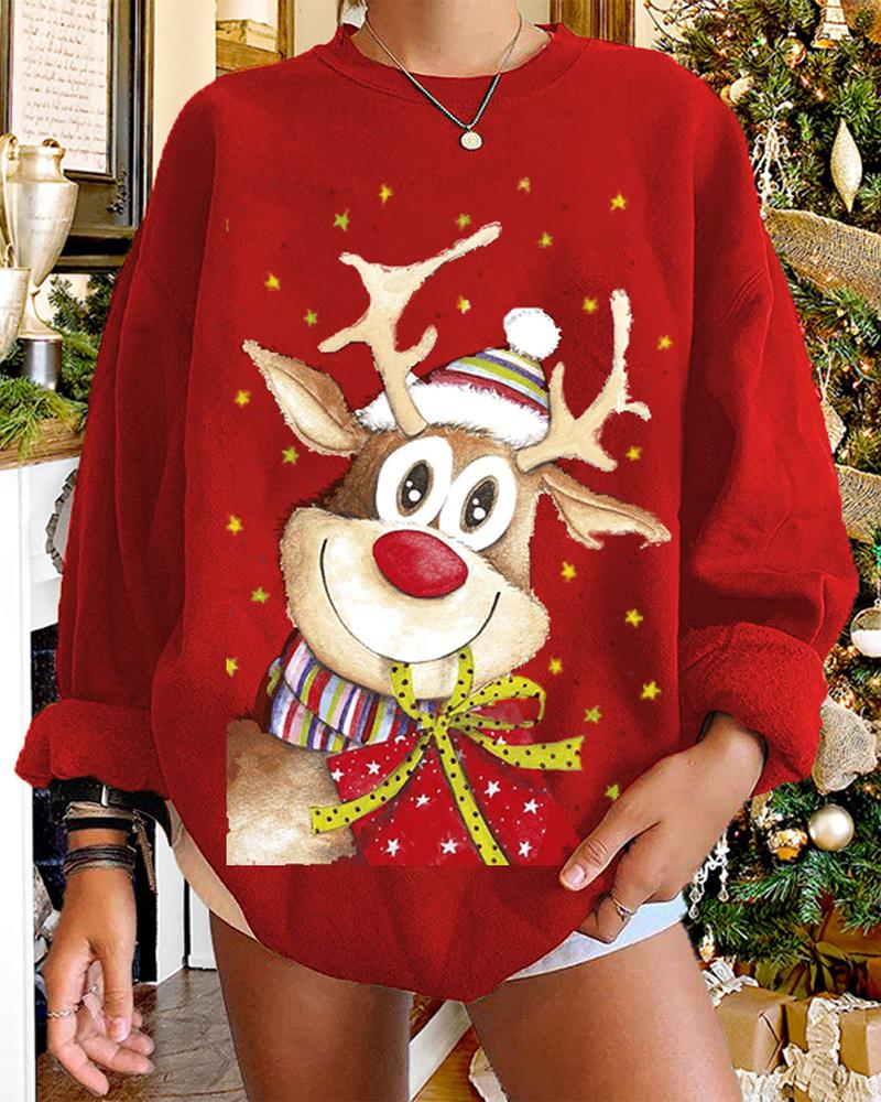 

Christmas Star Elk Print Long Sleeve Sweatshirt, Red