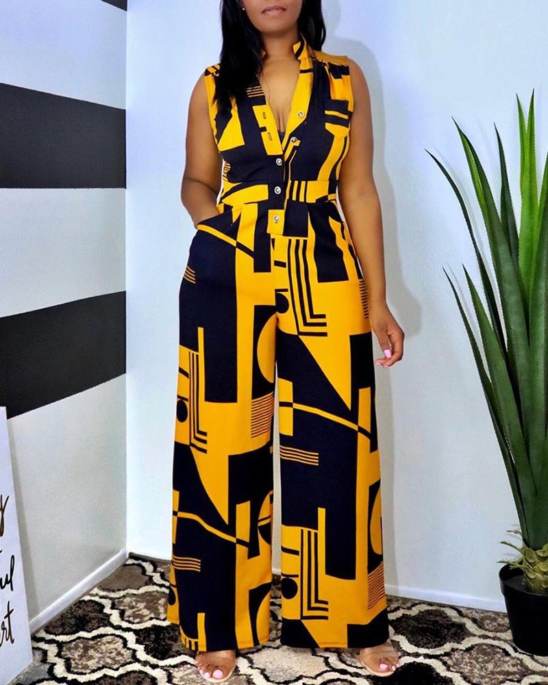 

Colorblock Button Design Casual Jumpsuit, Yellow