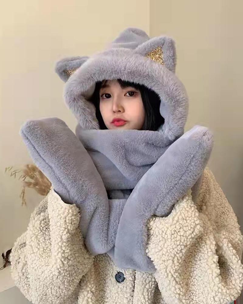

3 In 1 3D Ear Fluffy Hat With Scarf & Gloves, Gray