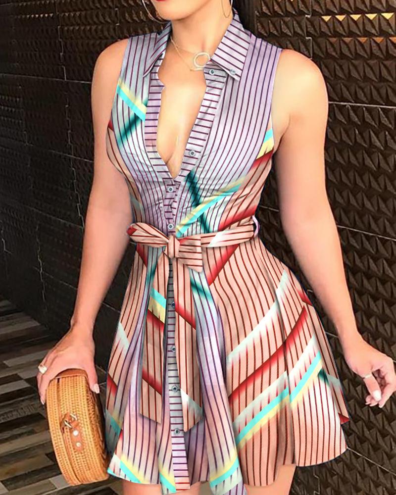 

Sleeveless V-Neck Stripe Print Tie Waist Shirt Dress, Multicolor