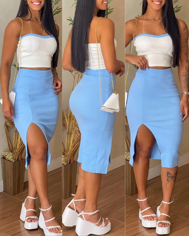 

Conjunto de 2 peças de top sem alças com estampa de bandeau e saia slim fit com fenda lateral, Blue