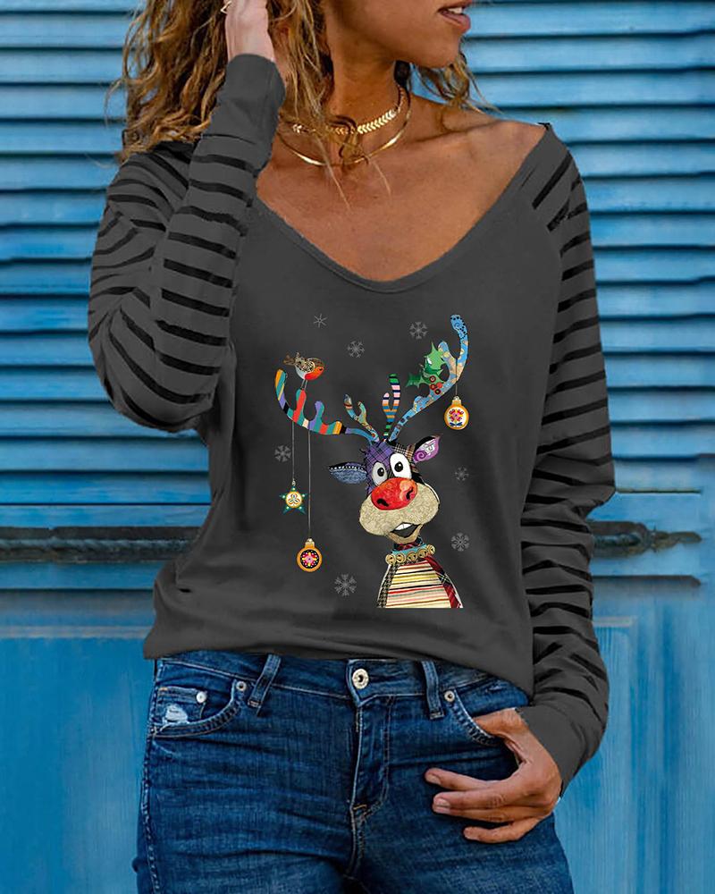 

Christmas Elk Print V-Neck Long Sleeve Top, Dark grey