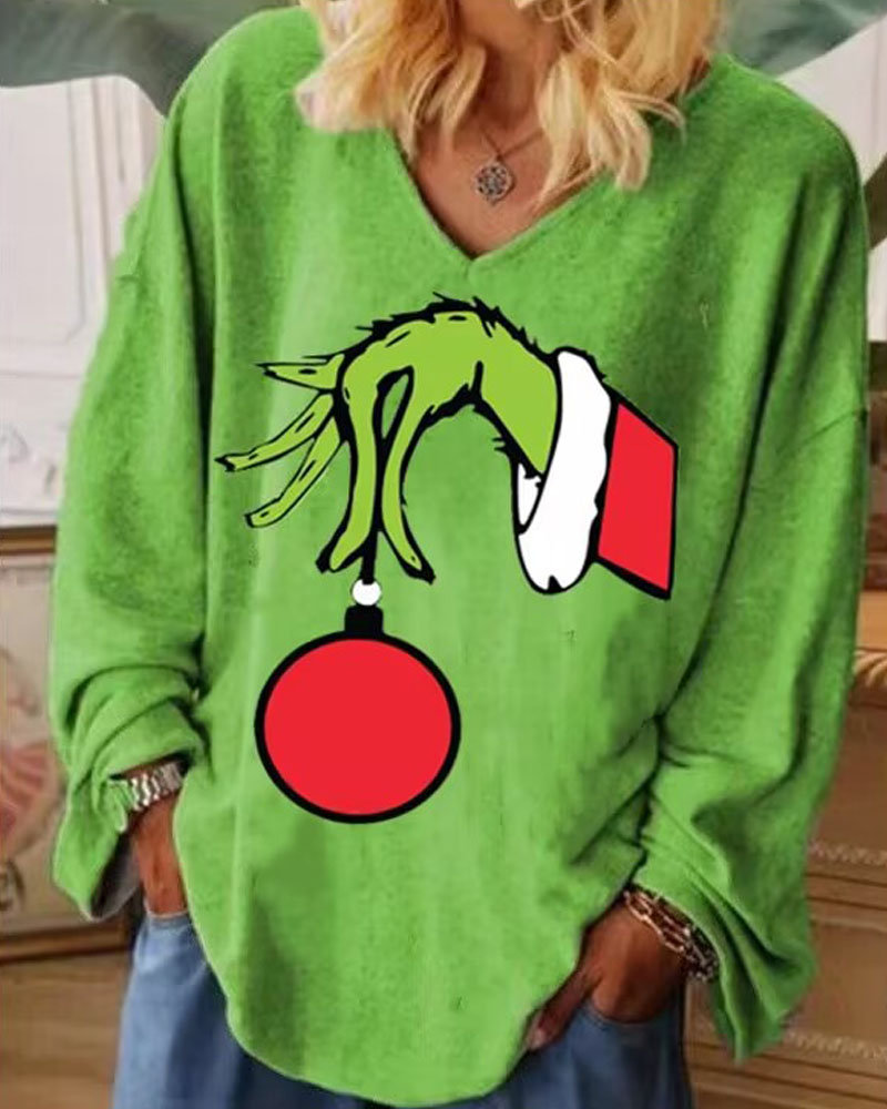 

Plus Size Grinch Stole Christmas Print Long Sleeve Top, Green