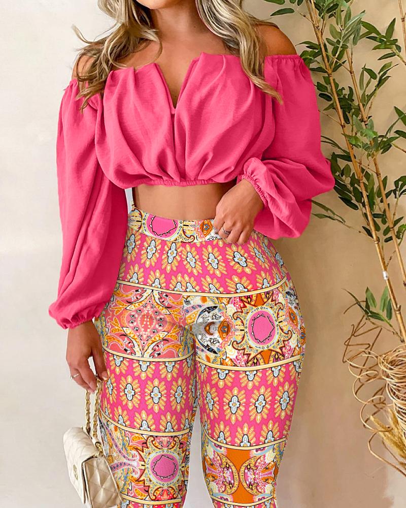 

Off Shoulder Ruched Crop Top & Tribal Print Pants Set, Hot pink