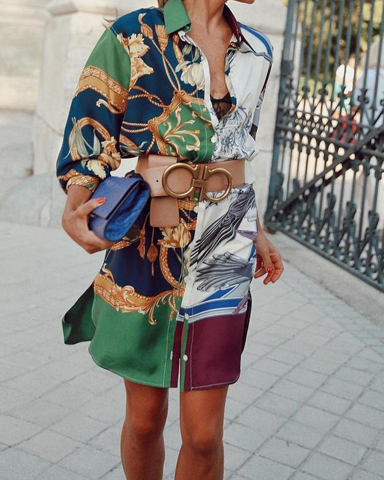 

Colorful Print Side Slit Side Casual Shirt Dress, Multicolor