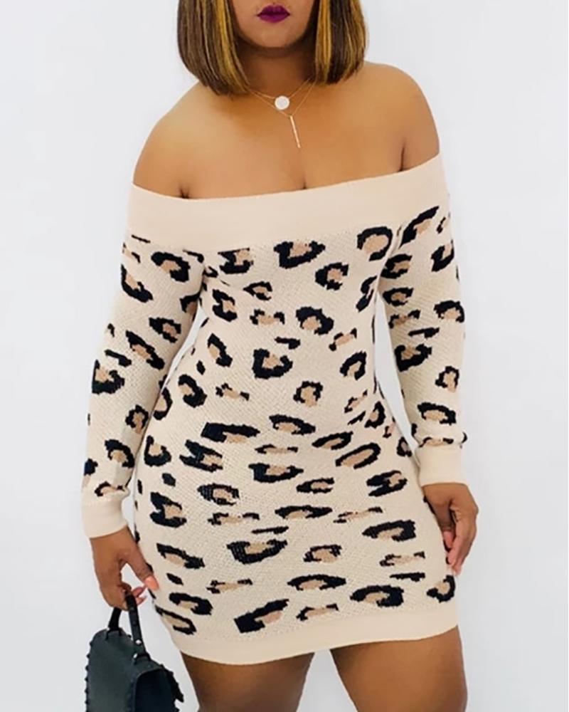 

Cheeath Print Off Shoulder Long Sleeve Bodycon Dress, Khaki