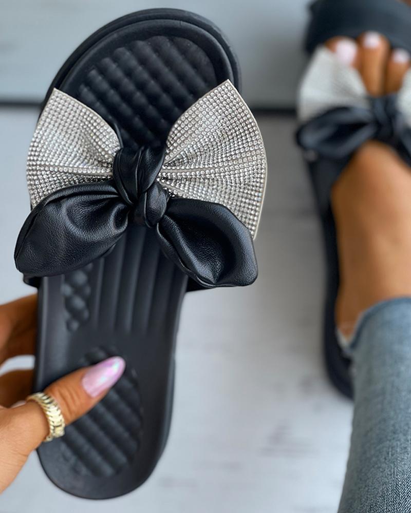 

Studded Bowknot Open Toe Casual Slippers, Black