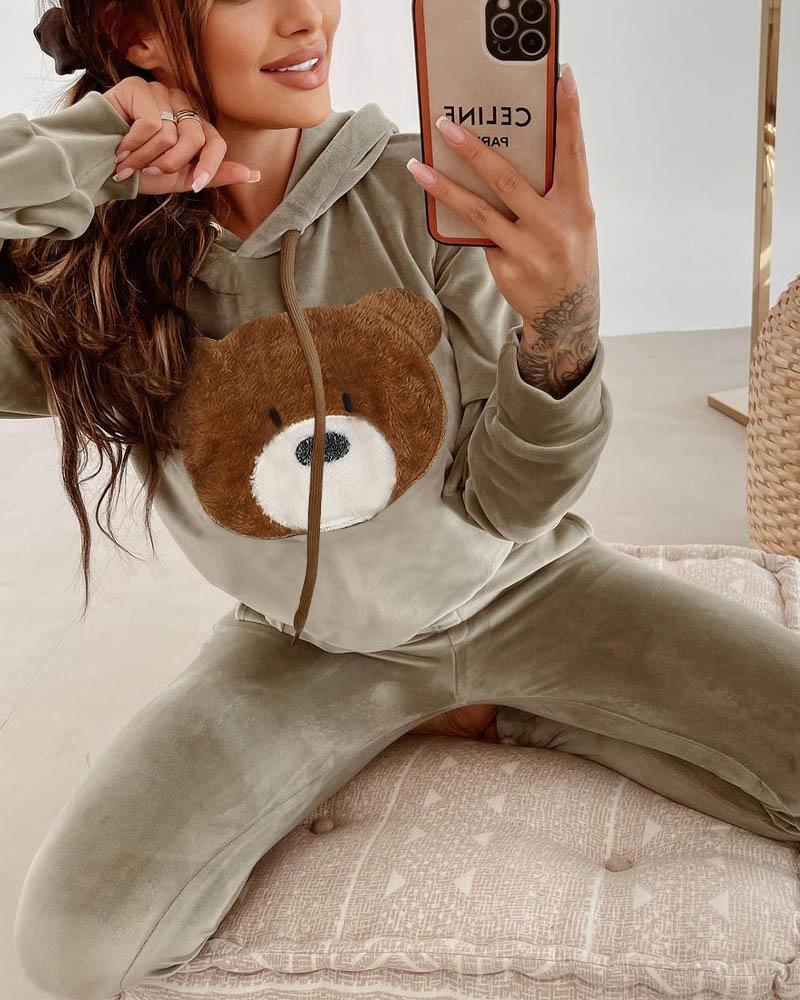 

Bear Patch Long Sleeve Drawstring Hoodie & Pants Set, Green
