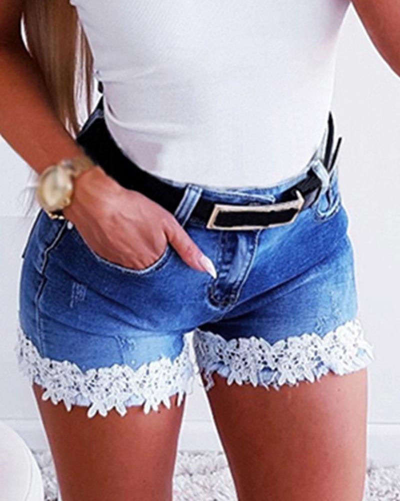 

Lace Trim Denim Shorts, Dark blue