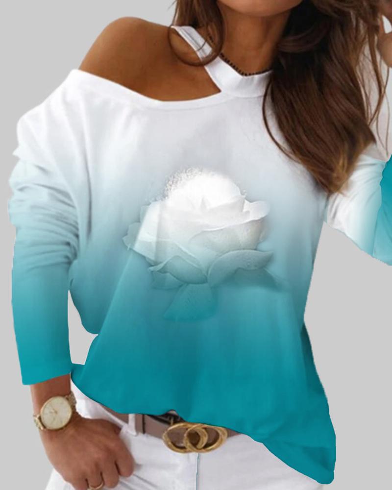 

Cold Shoulder Floral Print Gradient Color Top, Blue